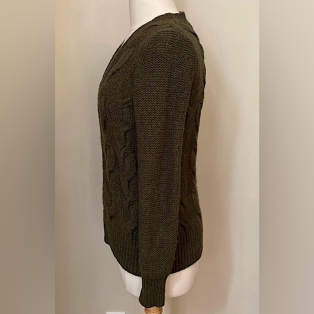LOFT Olive Green Cable Knit Wool Blend Front Zip Cardigan Sweater Size Small - Picture 5 of 8